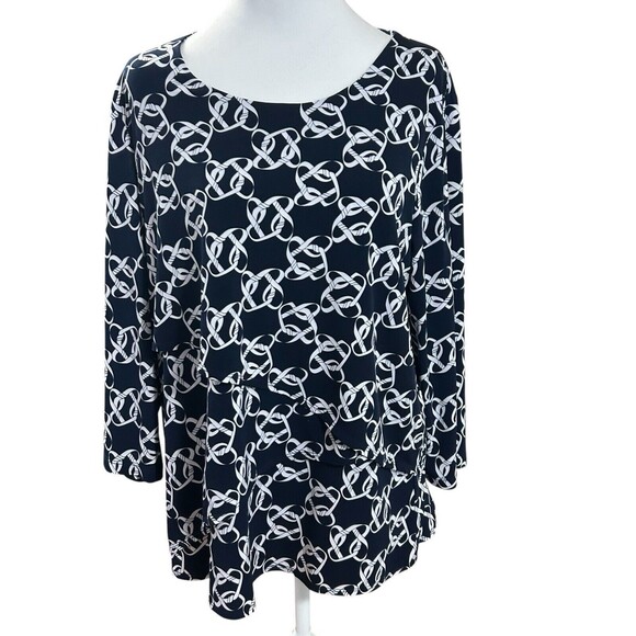 Susan Graver Woman’s L Tiered Top. Nautical Knots Print Navy - Picture 1 of 7